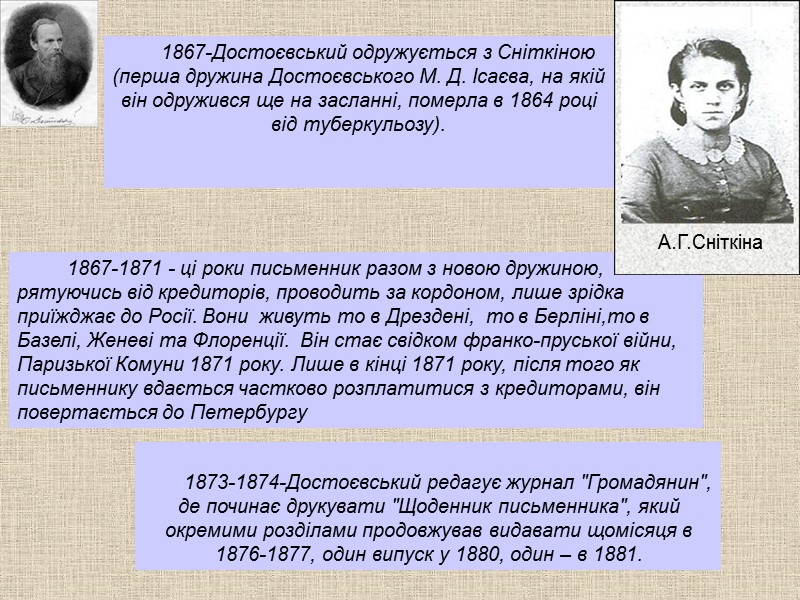 1867-Достоєвський одружується з Сніткіною (перша дружина Достоєвського М. Д. Ісаєва, на якій він одружився